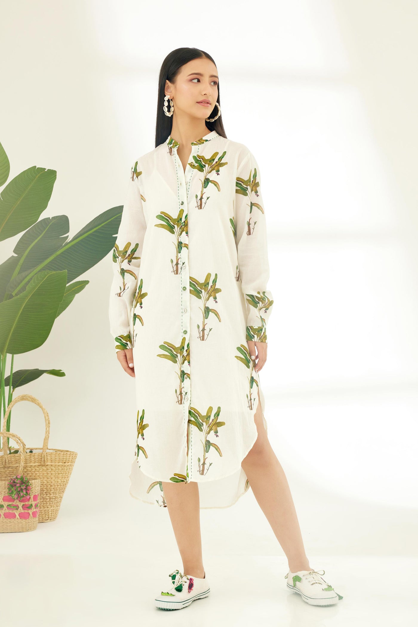 Nikasha Off White Hand Painted Banana Tree Print Shirt Dress Indian designer wear online shopping melange singapore