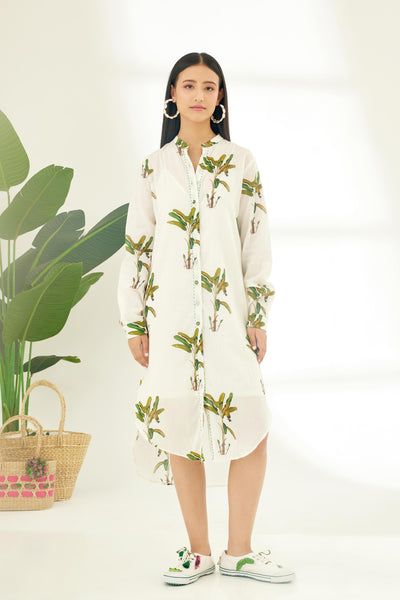 Nikasha Off White Hand Painted Banana Tree Print Shirt Dress Indian designer wear online shopping melange singapore