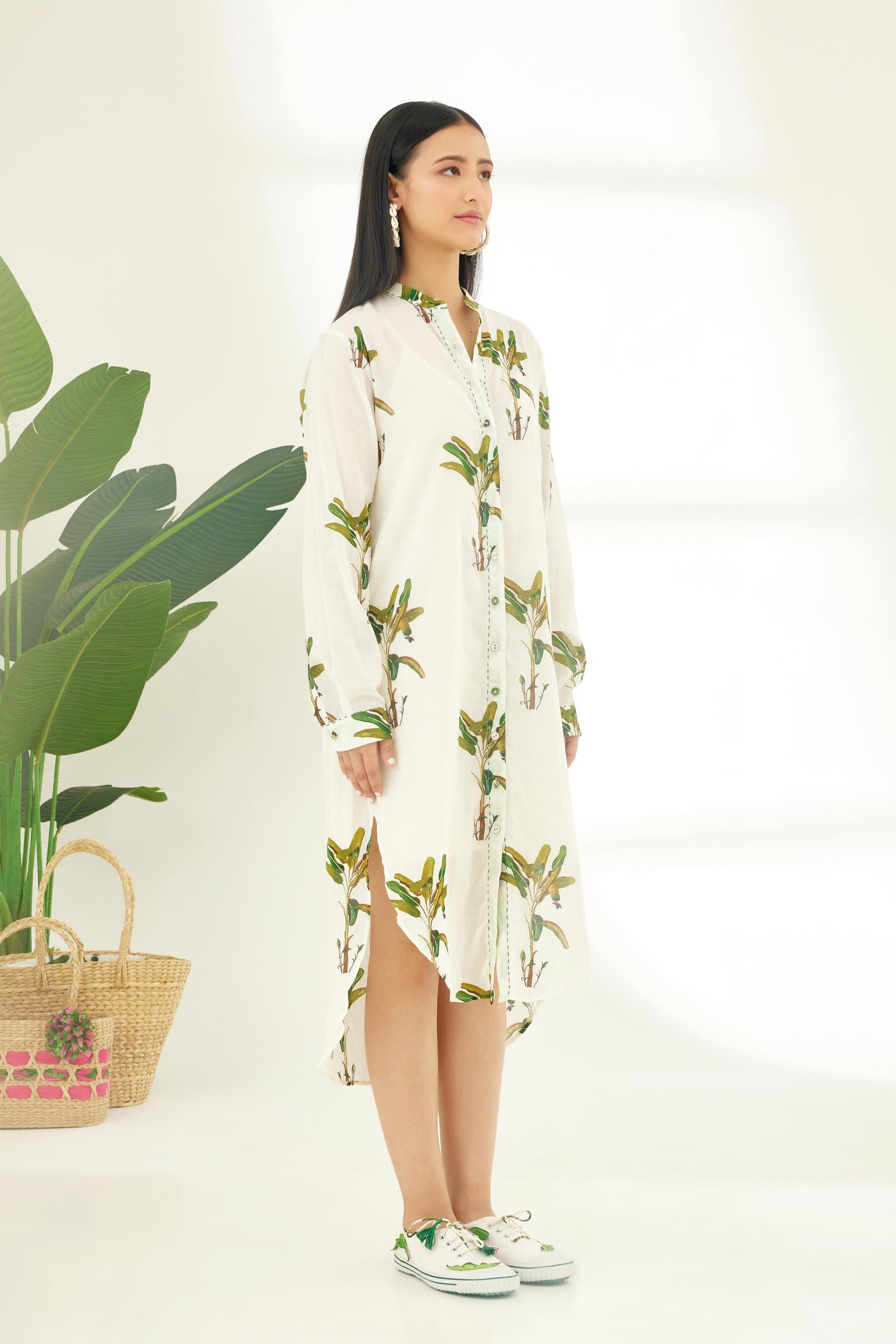 Nikasha Off White Hand Painted Banana Tree Print Shirt Dress Indian designer wear online shopping melange singapore