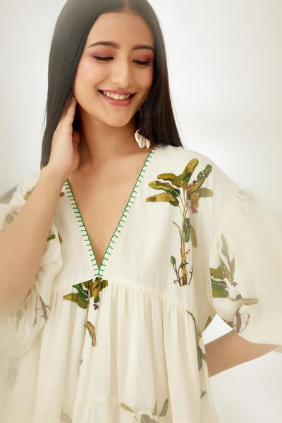 Nikasha Off White Hand Painted Banana Tree Print Tier Short Dress Indian designer wear online shopping melange singapore