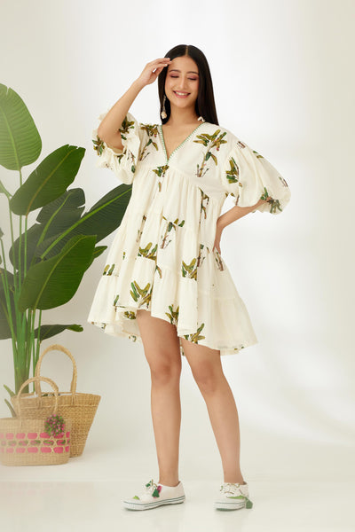 Nikasha Off White Hand Painted Banana Tree Print Tier Short Dress Indian designer wear online shopping melange singapore