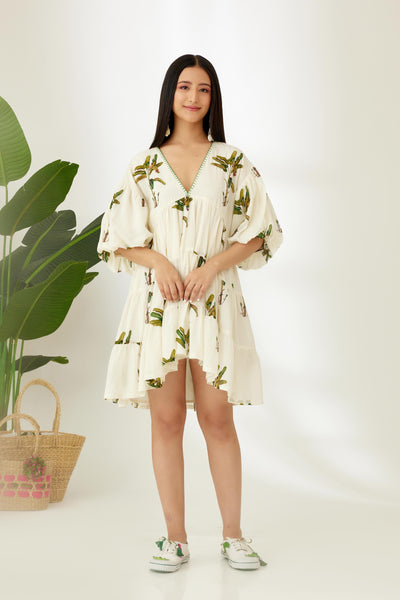 Nikasha Off White Hand Painted Banana Tree Print Tier Short Dress Indian designer wear online shopping melange singapore