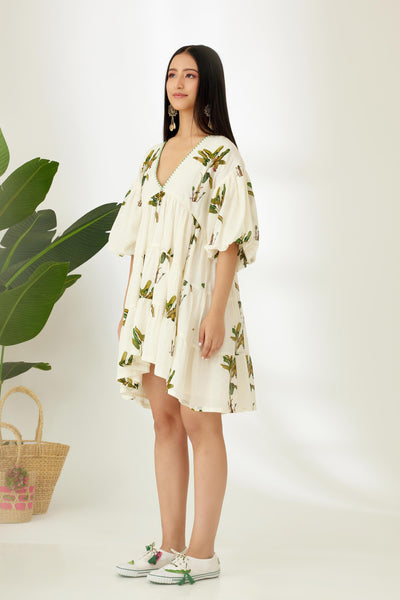 Nikasha Off White Hand Painted Banana Tree Print Tier Short Dress Indian designer wear online shopping melange singapore