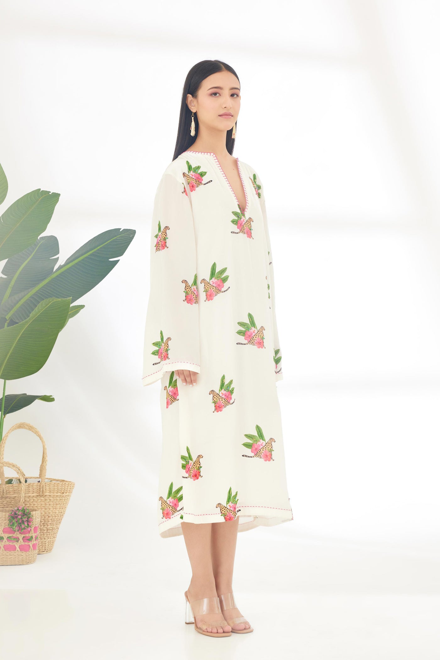 Nikasha Off White Hand Painted Cheetah Print Kaftan Dress Indian designer wear online shopping melange singapore