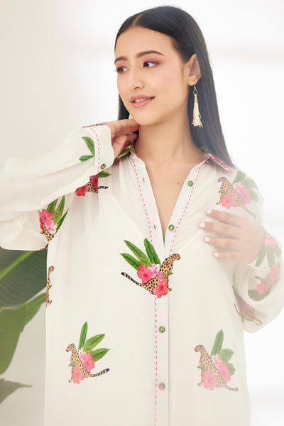 Nikasha Off White Hand Painted Cheetah Print Shirt Dress Indian designer wear online shopping melange singapore