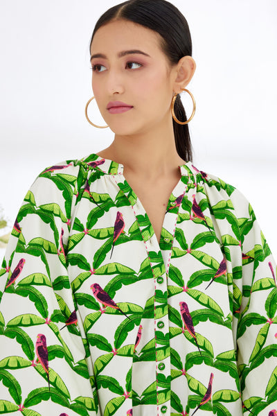 Nikasha Off White Hand Painted Parakeet Print Bubble Sleeve Shirt Dress Indian designer wear online shopping melange singapore
