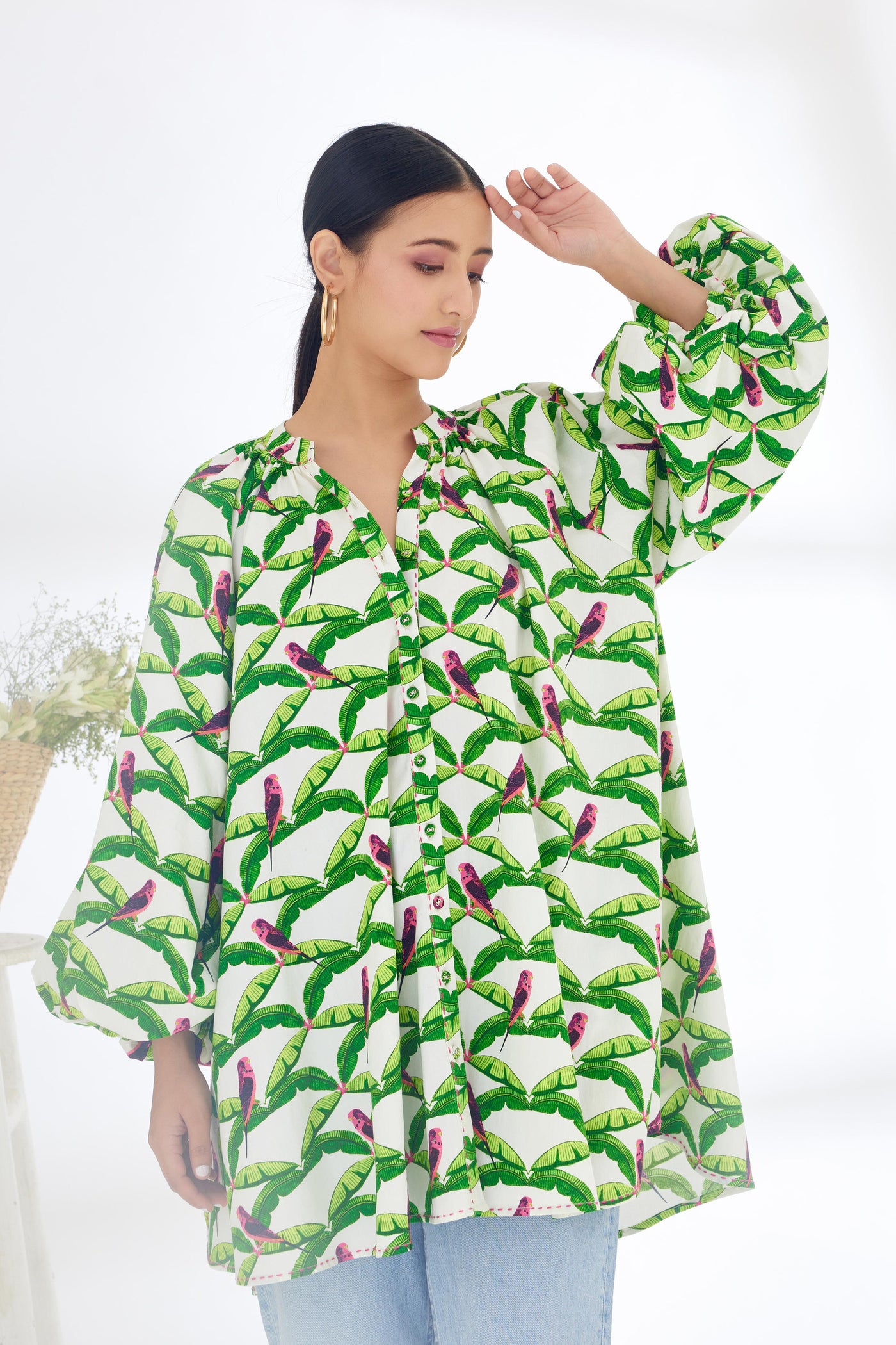 Nikasha Off White Hand Painted Parakeet Print Bubble Sleeve Shirt Dress Indian designer wear online shopping melange singapore