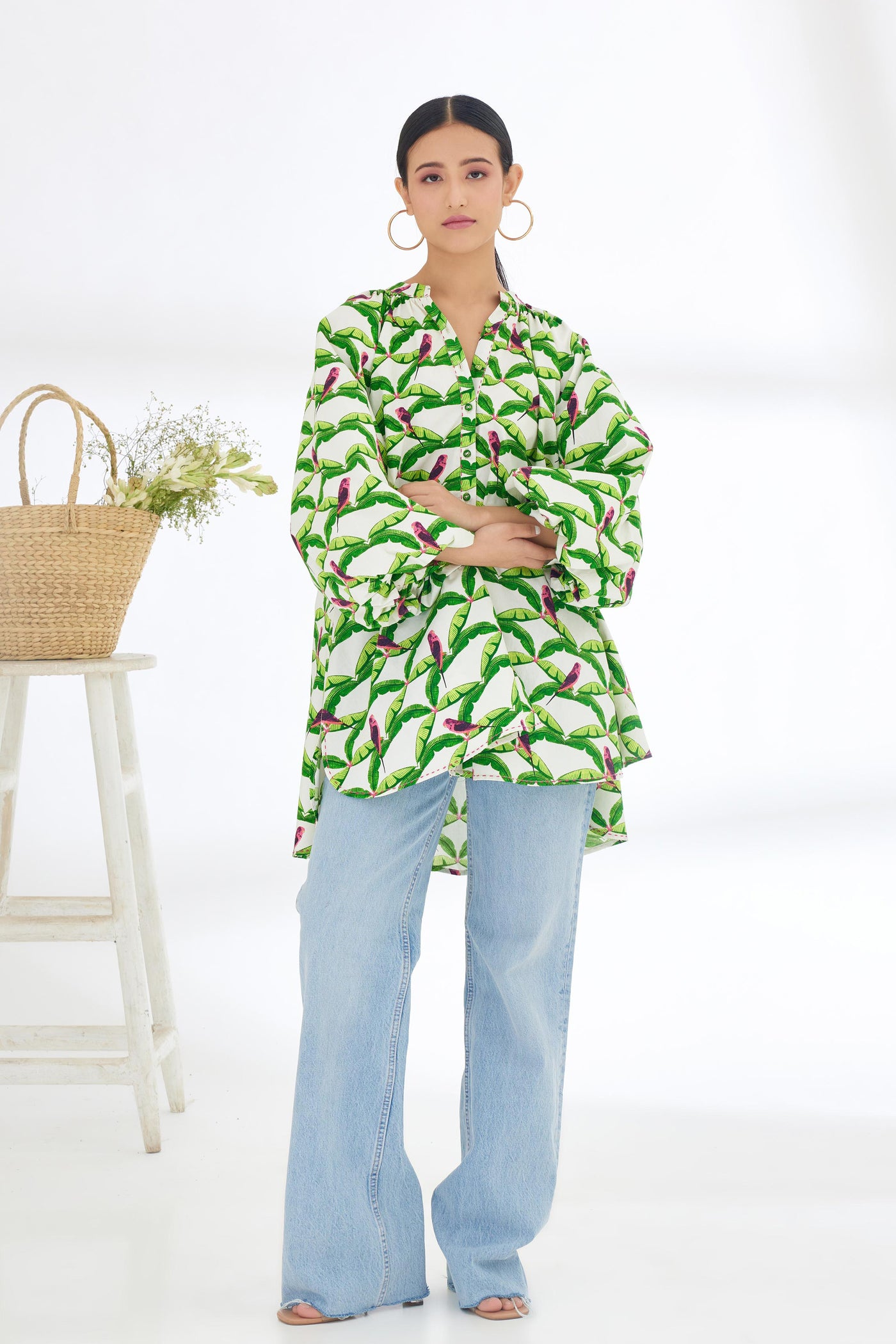 Nikasha Off White Hand Painted Parakeet Print Bubble Sleeve Shirt Dress Indian designer wear online shopping melange singapore