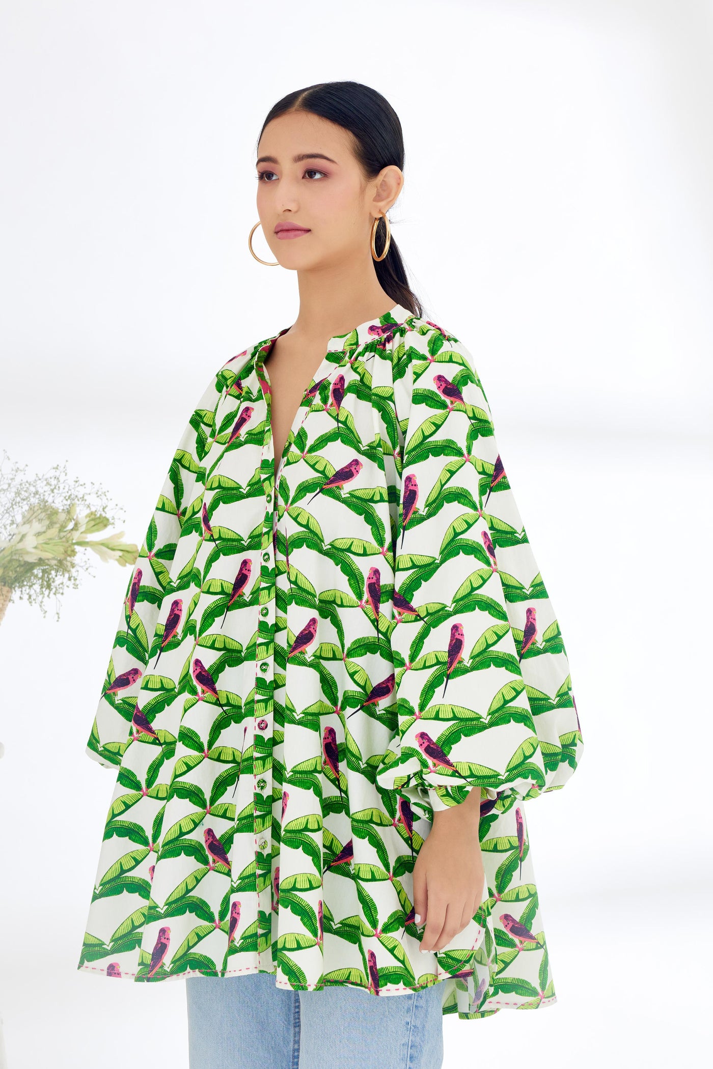 Nikasha Off White Hand Painted Parakeet Print Bubble Sleeve Shirt Dress Indian designer wear online shopping melange singapore