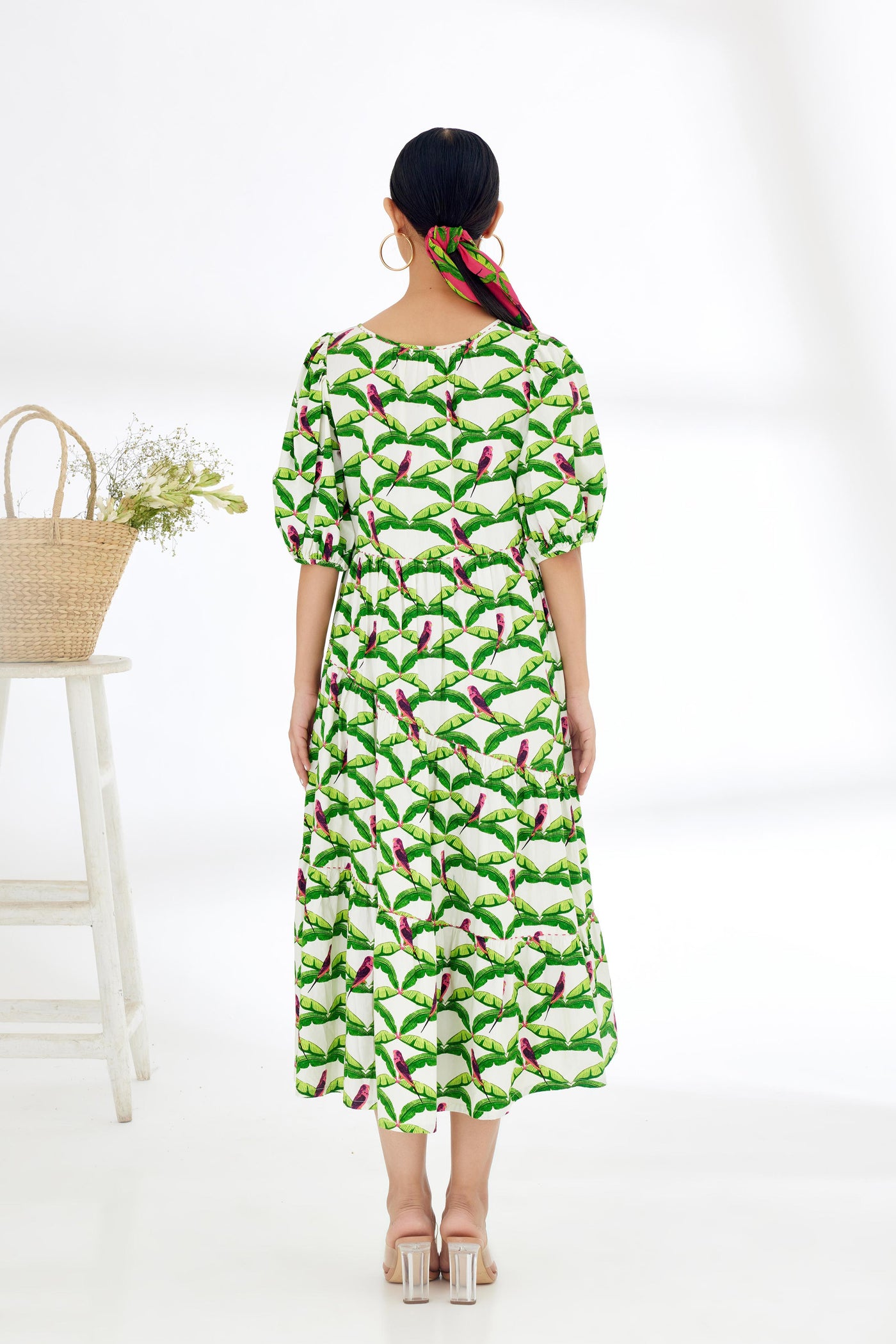 Nikasha Off White Hand Painted Parakeet Print Bubble Sleeve Tier Dress Indian designer wear online shopping melange singapore