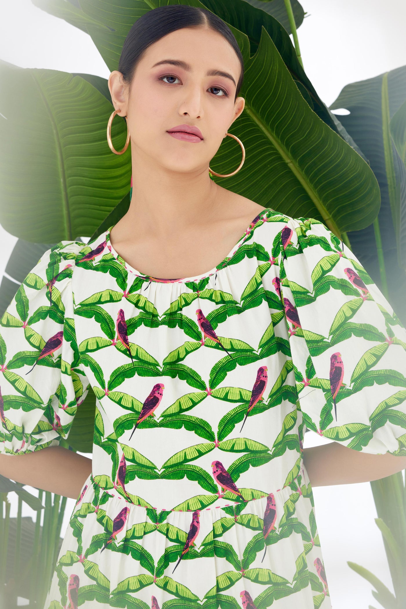 Nikasha Off White Hand Painted Parakeet Print Bubble Sleeve Tier Dress Indian designer wear online shopping melange singapore