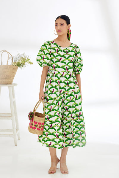 Nikasha Off White Hand Painted Parakeet Print Bubble Sleeve Tier Dress Indian designer wear online shopping melange singapore