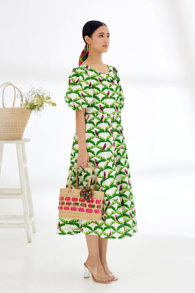 Nikasha Off White Hand Painted Parakeet Print Bubble Sleeve Tier Dress Indian designer wear online shopping melange singapore