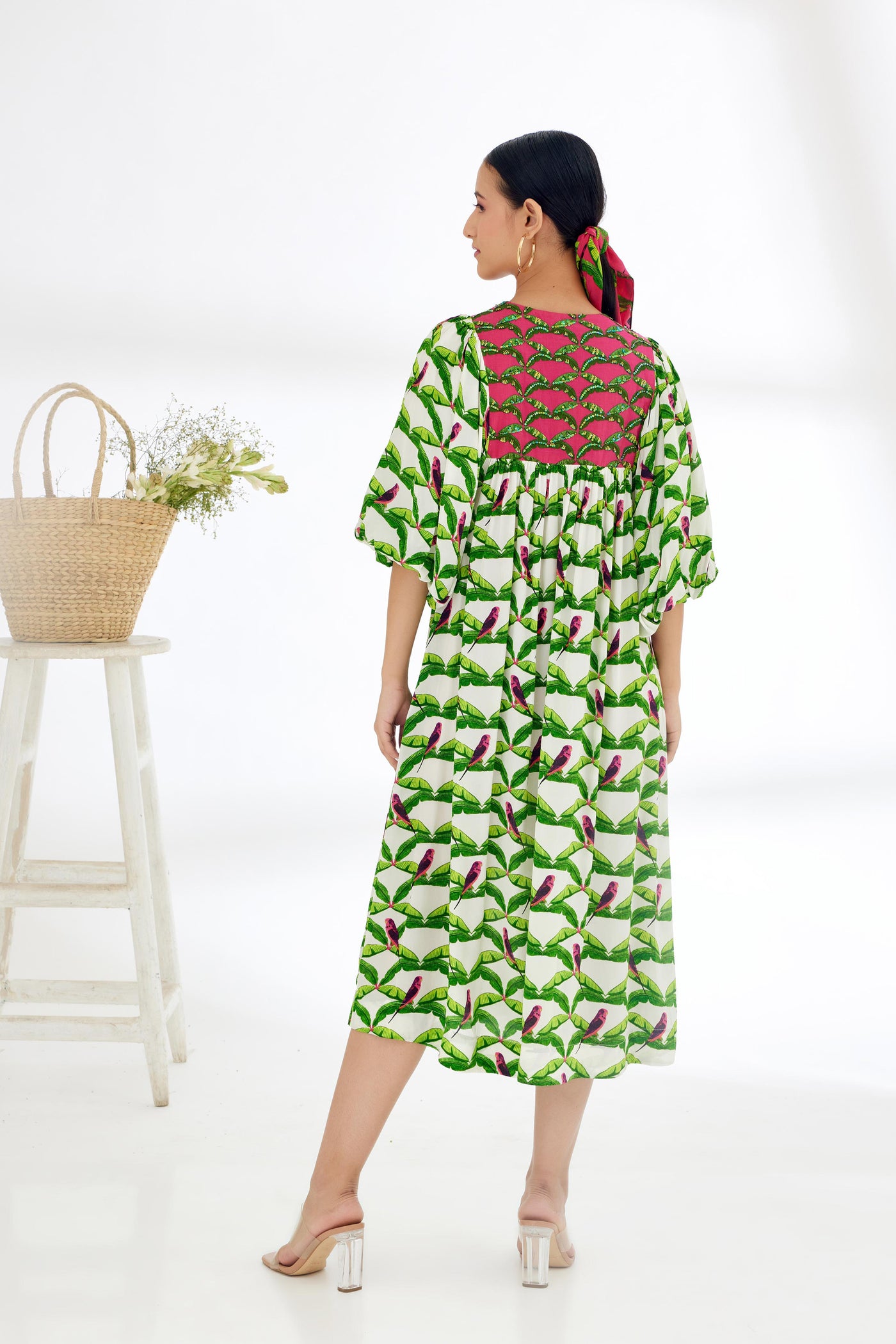 Nikasha Off White Hand Painted Parakeet Print Dress Indian designer wear online shopping melange singapore
