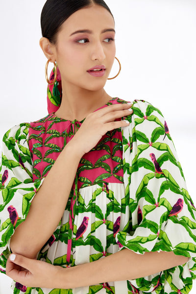 Nikasha Off White Hand Painted Parakeet Print Dress Indian designer wear online shopping melange singapore