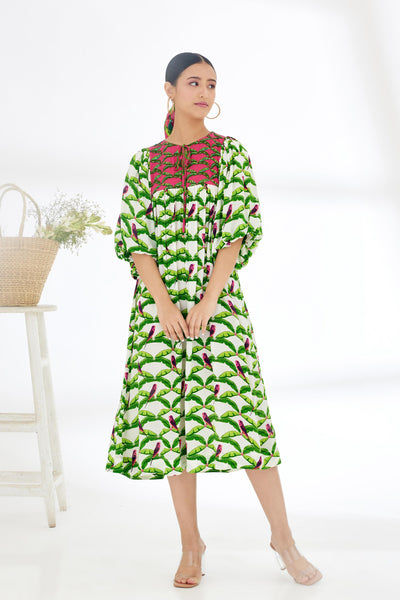 Nikasha Off White Hand Painted Parakeet Print Dress Indian designer wear online shopping melange singapore