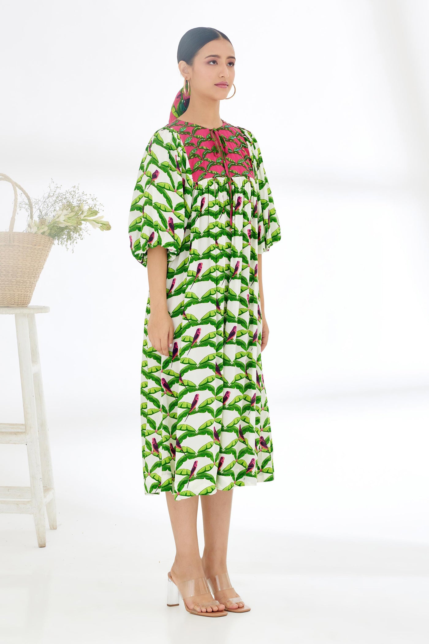 Nikasha Off White Hand Painted Parakeet Print Dress Indian designer wear online shopping melange singapore