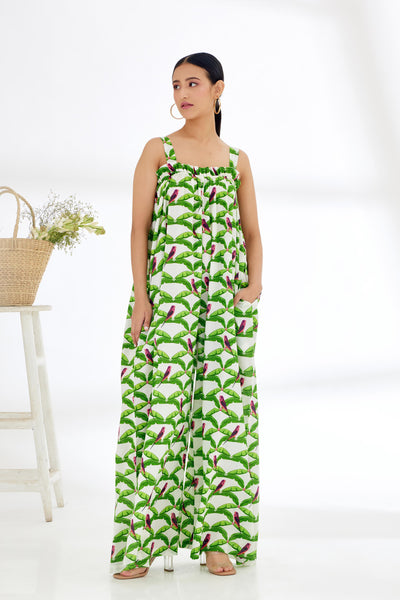 Nikasha Off White Hand Painted Parakeet Print Jumpsuit Indian designer wear online shopping melange singapore