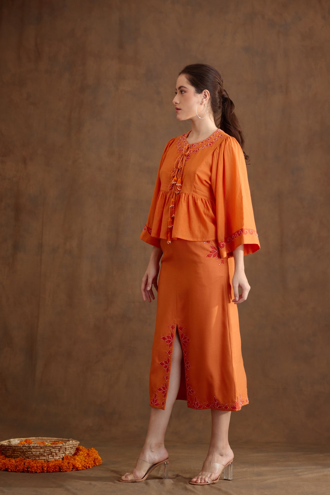 Nikasha Saffron Applique Embroidered Co Ord Sets Indian designer wear online shopping melange singapore