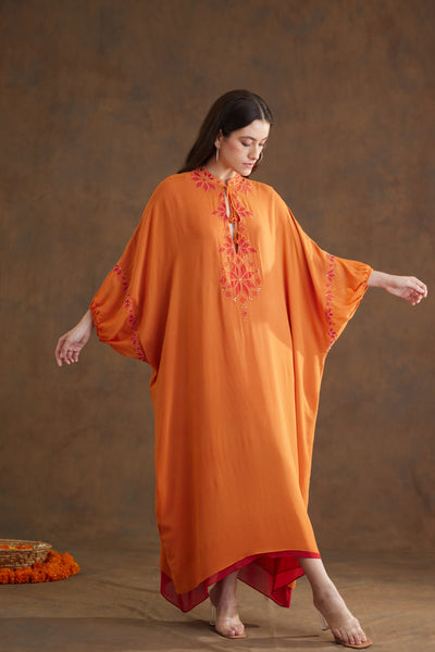 Nikasha Saffron Applique Embroidered Kaftan Dress Indian designer wear online shopping melange singapore