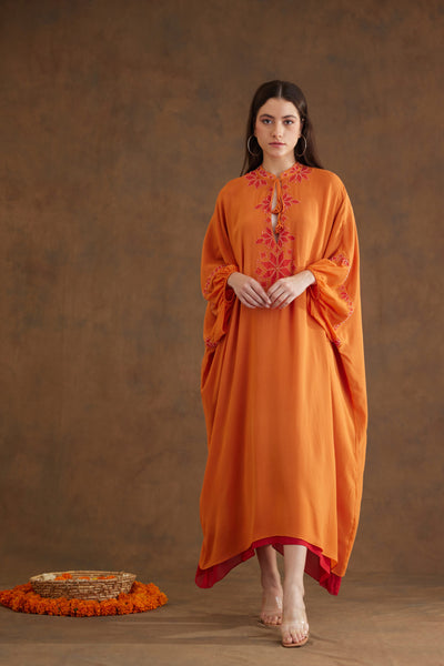 Nikasha Saffron Applique Embroidered Kaftan Dress Indian designer wear online shopping melange singapore