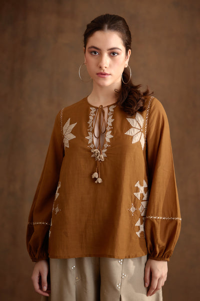 Nikasha Tobacco Applique Embroidered Top Indian designer wear online shopping melange singapore