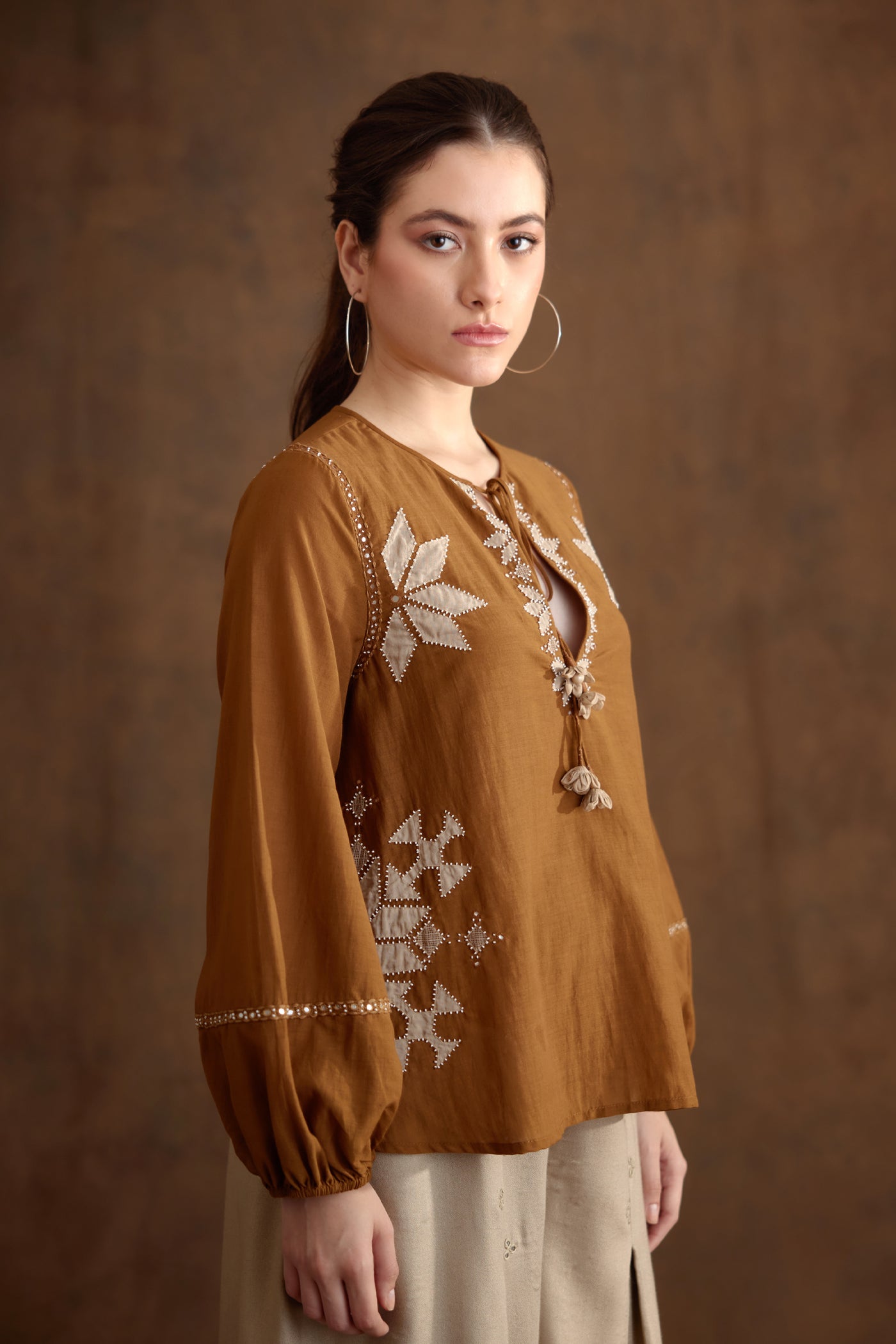 Nikasha Tobacco Applique Embroidered Top Indian designer wear online shopping melange singapore