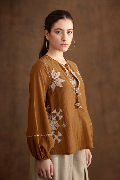 Nikasha Tobacco Applique Embroidered Top Indian designer wear online shopping melange singapore