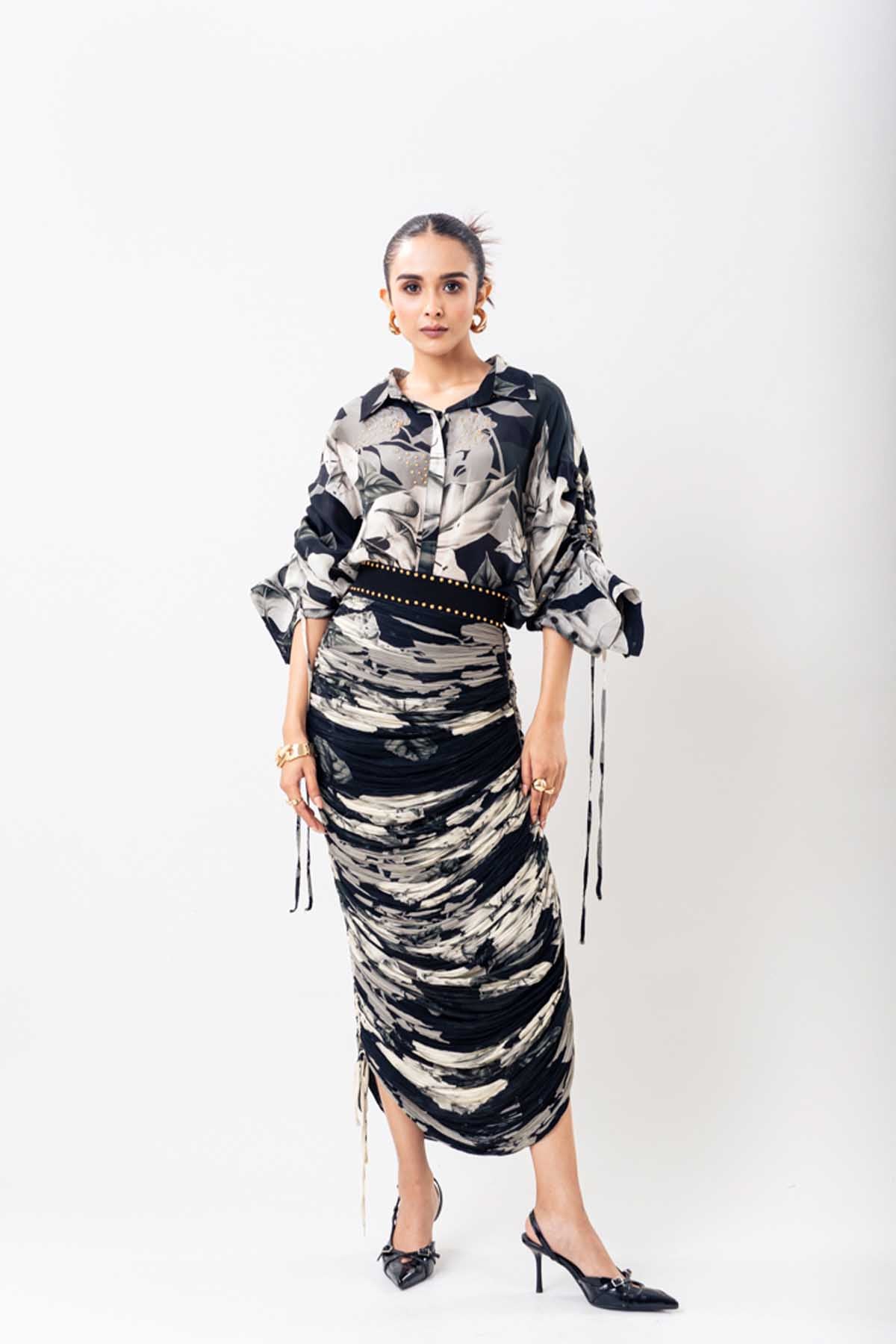 Nupur Kanoi Black Printed Crush Shirt Skirt Set indian designer wear online shopping melange singapore 