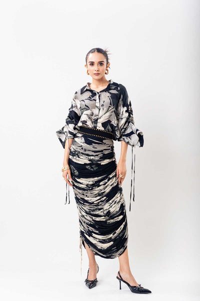 Nupur Kanoi Black Printed Crush Shirt Skirt Set indian designer wear online shopping melange singapore 