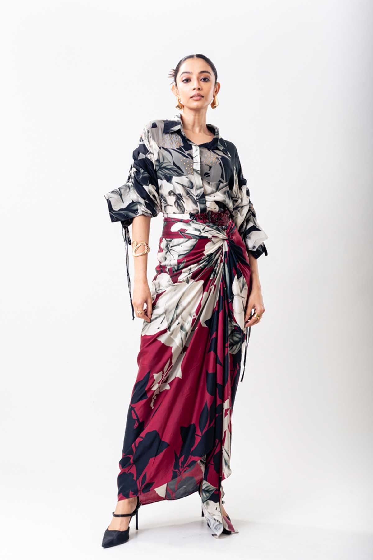 Nupur Kanoi Black Printed Shirt Burg Skirt Set indian designer wear online shopping melange singapore 