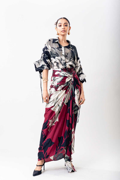 Nupur Kanoi Black Printed Shirt Burg Skirt Set indian designer wear online shopping melange singapore 