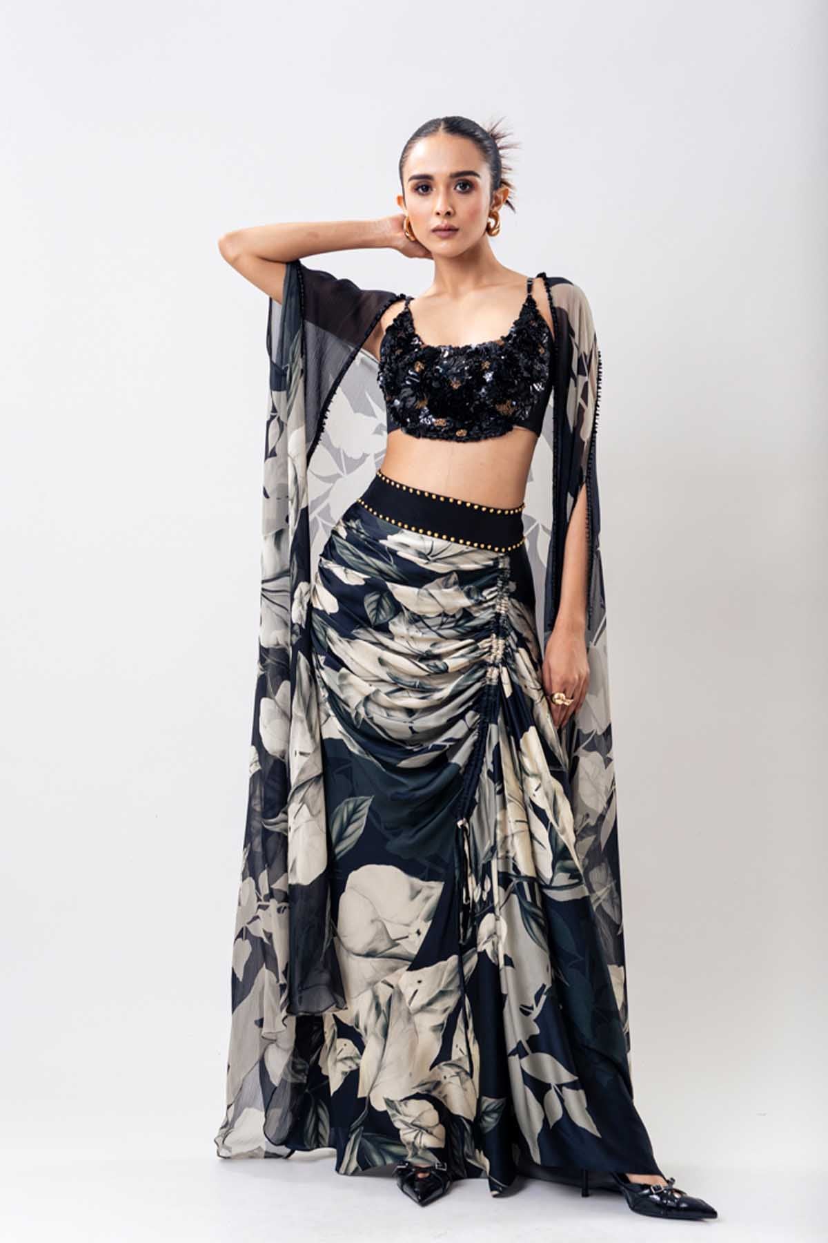 Nupur Kanoi Black Slit Cape Skirt Set indian designer wear online shopping melange singapore 