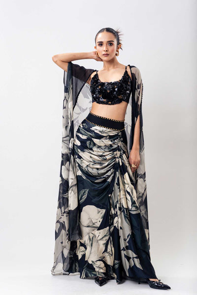Nupur Kanoi Black Slit Cape Skirt Set indian designer wear online shopping melange singapore 