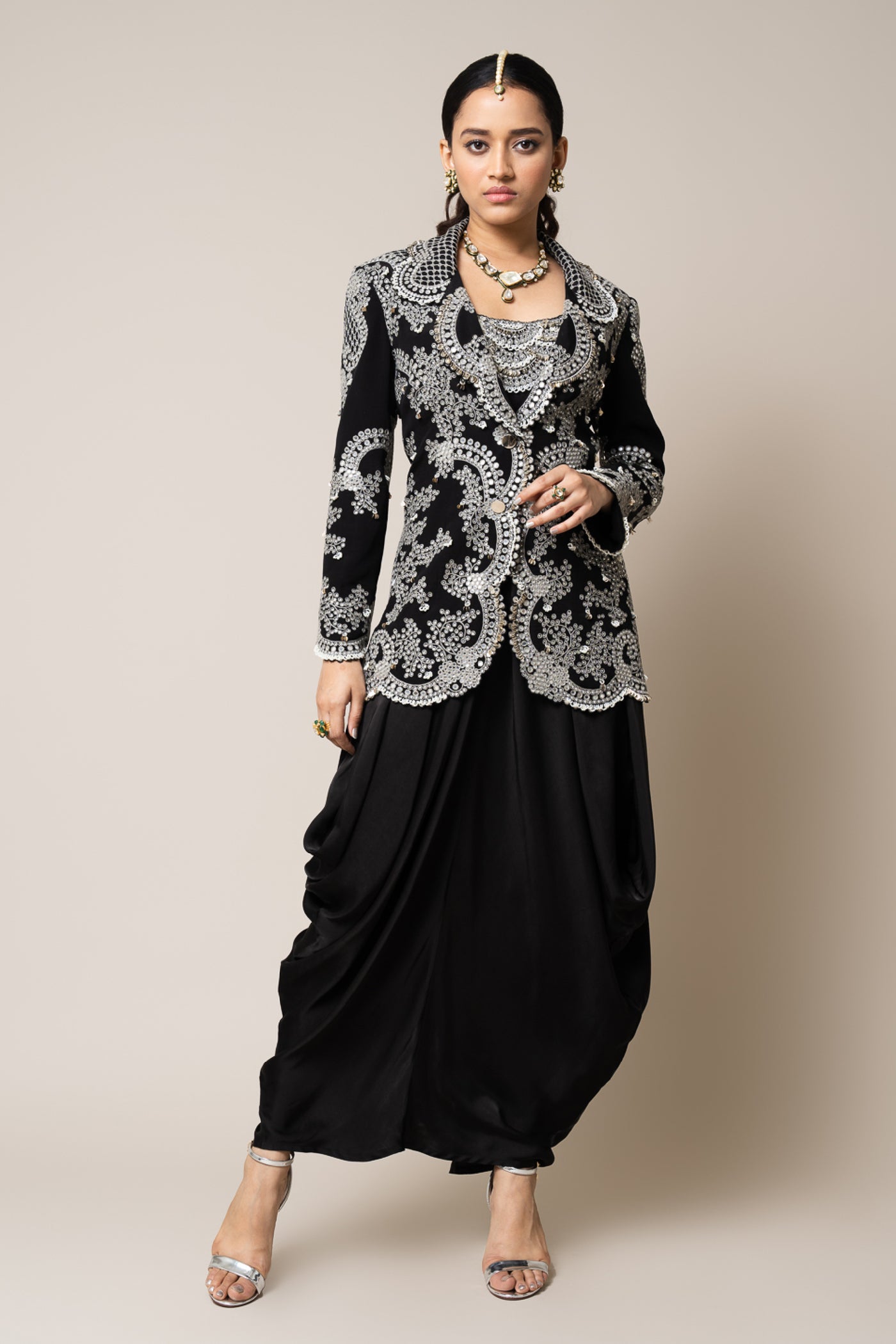 Nupur Kanoi Blazer With Black Satin Sack Dress indian designer wear online shopping melange singapore