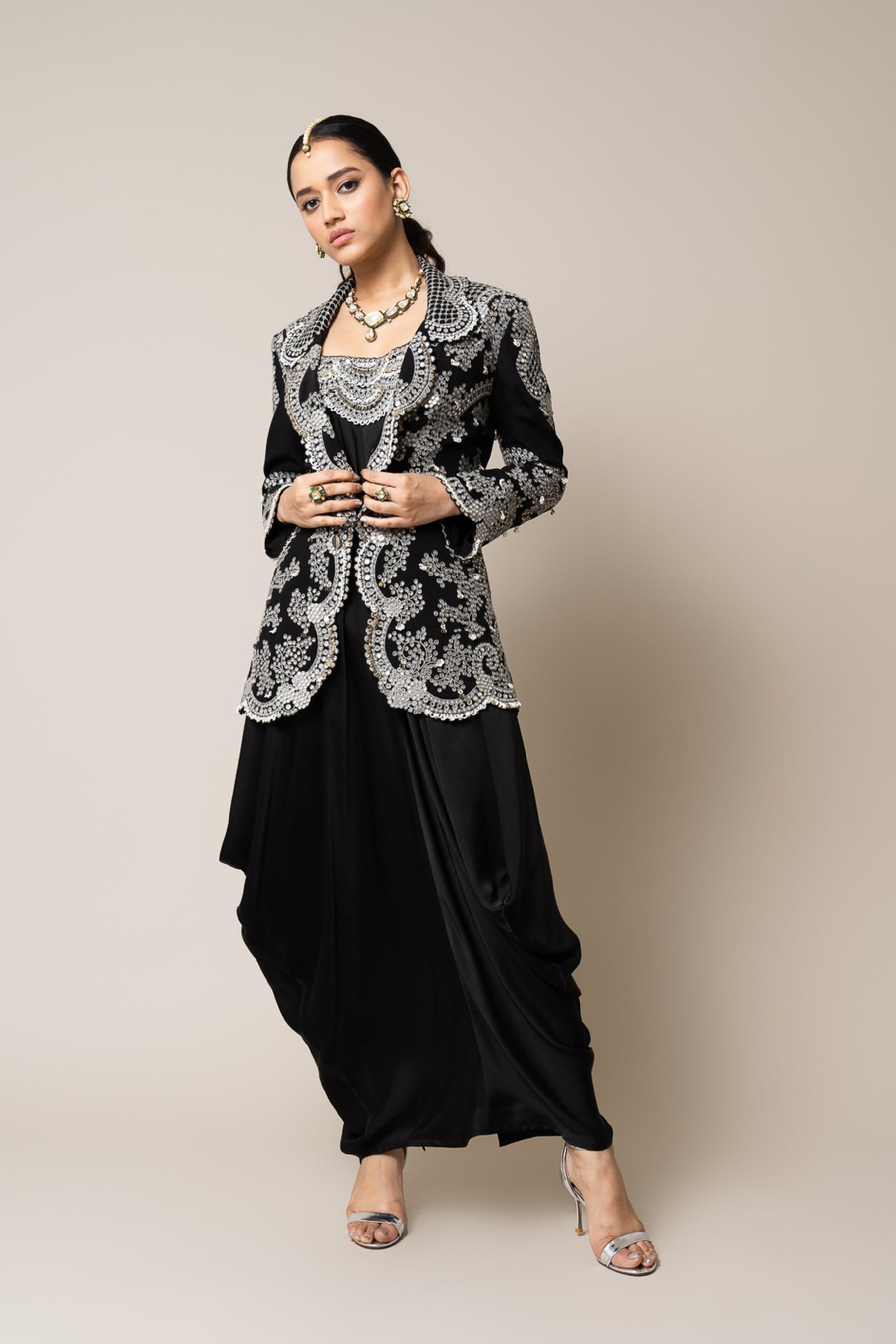 Nupur Kanoi Blazer With Black Satin Sack Dress indian designer wear online shopping melange singapore