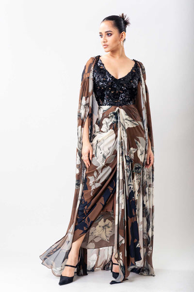 Nupur Kanoi Brown Dress With Cape Set indian designer wear online shopping melange singapore 