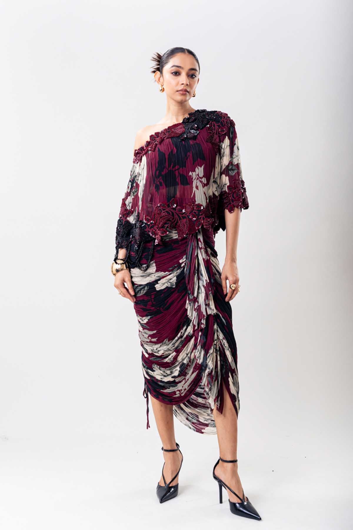Nupur Kanoi Burg Off Shoulder Cape Skirt Set indian designer wear online shopping melange singapore 
