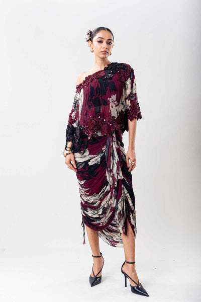 Nupur Kanoi Burg Off Shoulder Cape Skirt Set indian designer wear online shopping melange singapore 