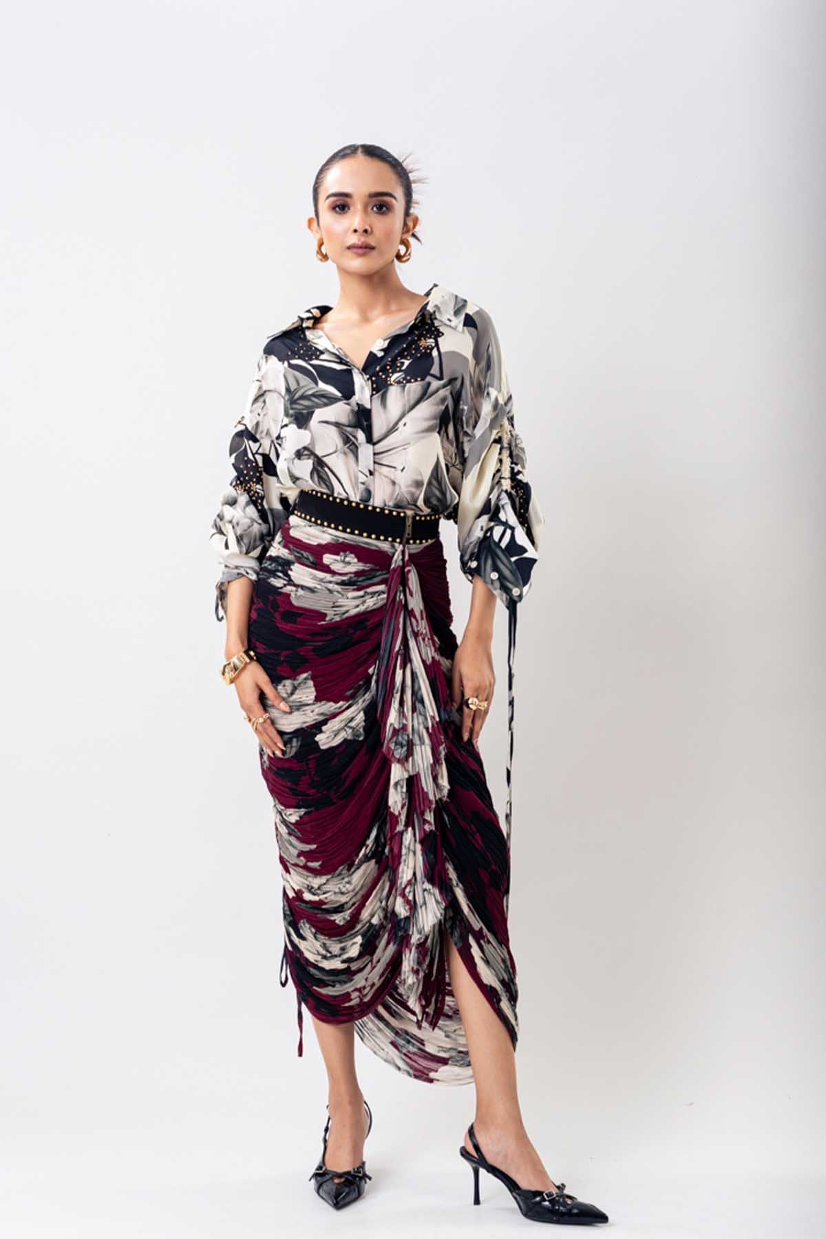 Nupur Kanoi Burg Printed Crush Skirt Set indian designer wear online shopping melange singapore