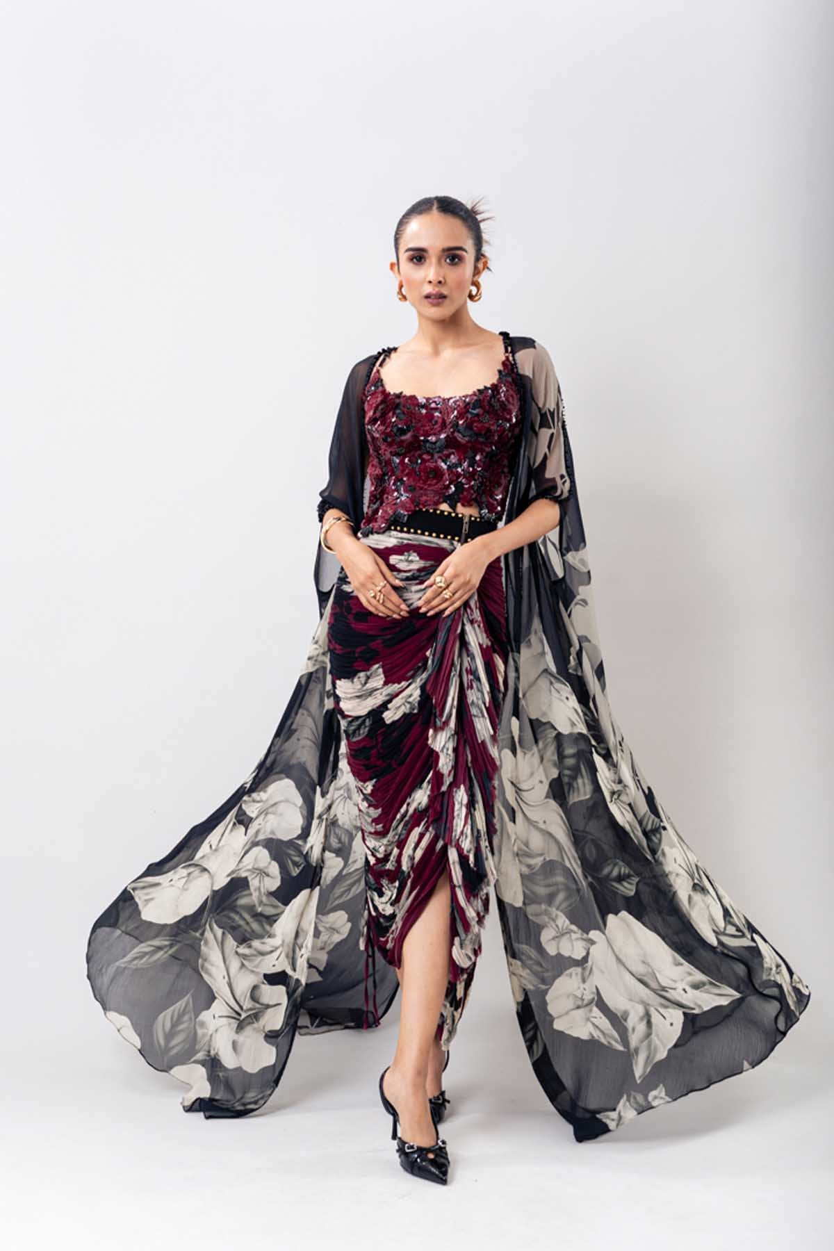 Nupur Kanoi Burg Swirl Bustier  Crush Skirt Set indian designer wear online shopping melange singapore 