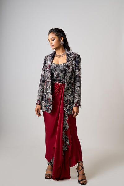 Nupur Kanoi Burgundy Bustier Dress Set indian designer wear online shopping melange singapore