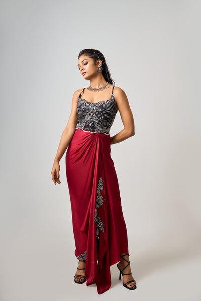 Nupur Kanoi Burgundy Bustier Dress Set indian designer wear online shopping melange singapore