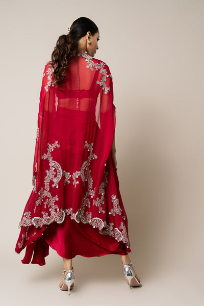 Nupur Kanoi Burgundy Cape With Blouse And Skirt Set indian designer wear online shopping melange singapore