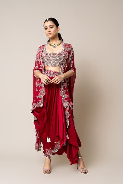 Nupur Kanoi Burgundy Cape With Blouse And Skirt Set indian designer wear online shopping melange singapore