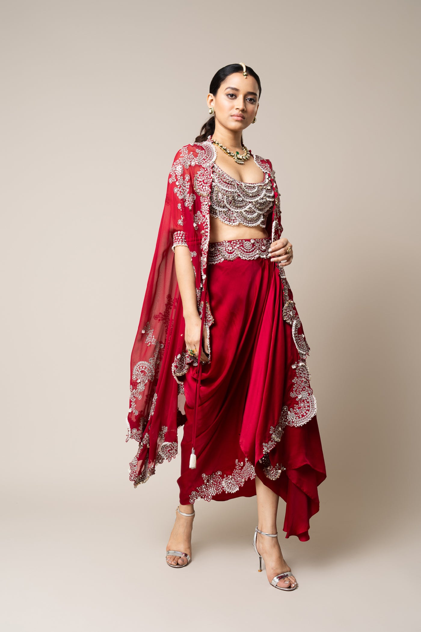 Nupur Kanoi Burgundy Cape With Blouse And Skirt Set indian designer wear online shopping melange singapore