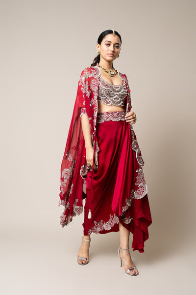 Nupur Kanoi Burgundy Cape With Blouse And Skirt Set indian designer wear online shopping melange singapore