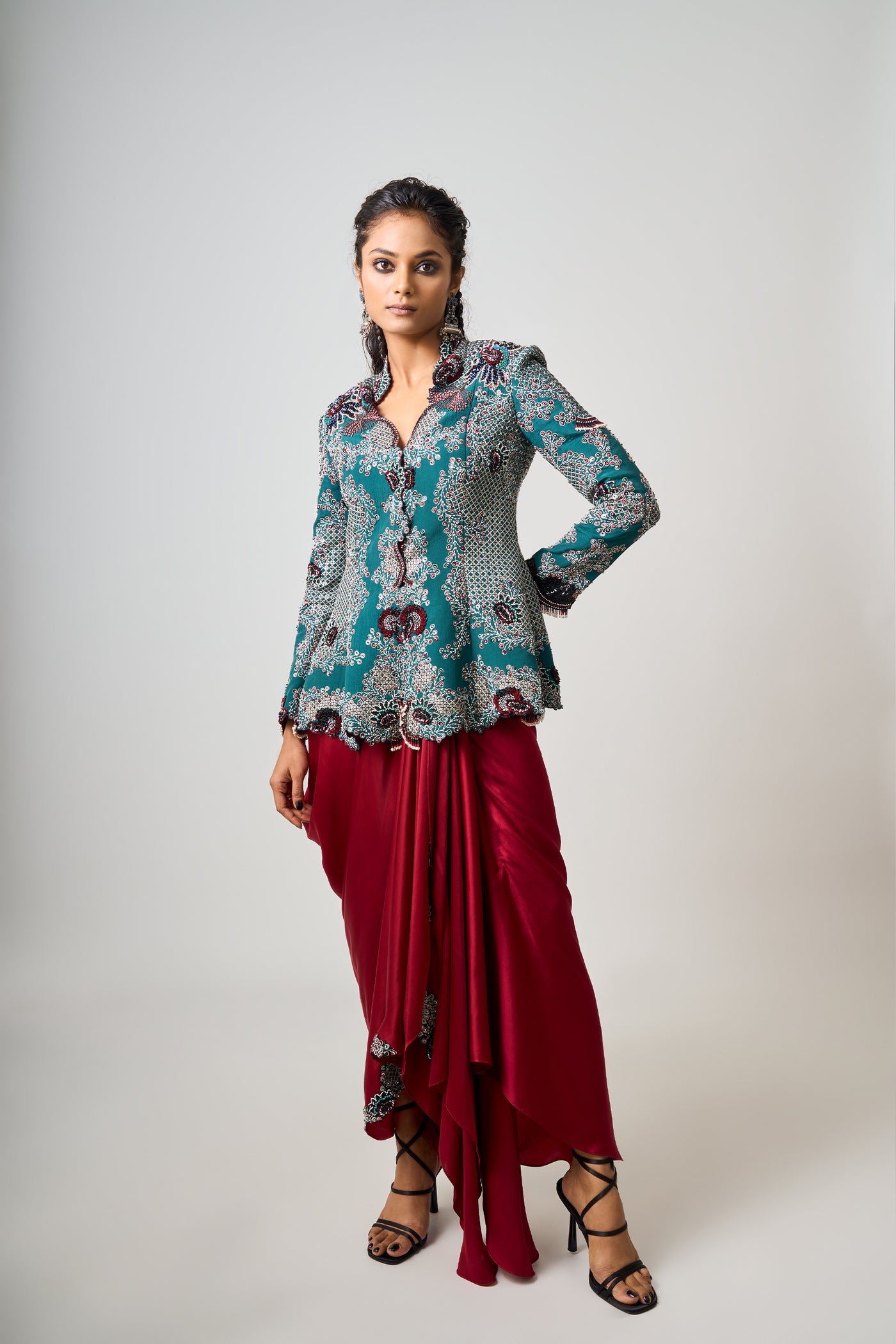 Nupur Kanoi Burgundy Cowl Skirt Set indian designer wear online shopping melange singapore