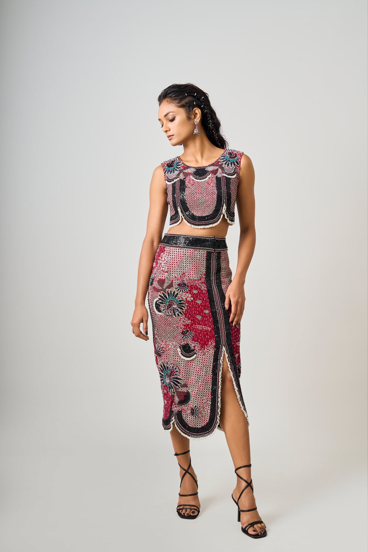 Nupur Kanoi Burgundy Hand-Embroidered  Skirt Set indian designer wear online shopping melange singapore