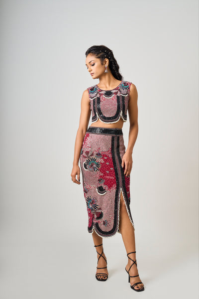 Nupur Kanoi Burgundy Hand-Embroidered  Skirt Set indian designer wear online shopping melange singapore